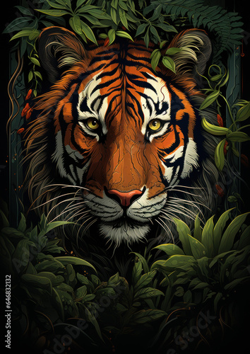  t-shirt design tiger in the forest black background 