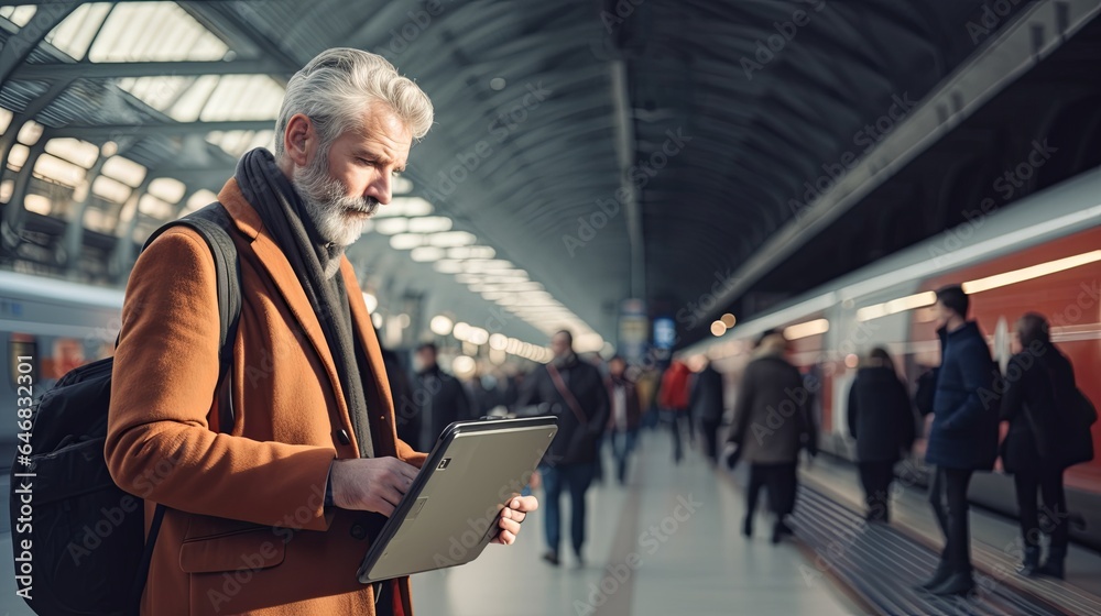 old senior businessman wear suit wating for train while reading news from paper or tablet he is standing on train station paltform daytime transportation concept old senior businessman wear suit wating for train while reading news from paper or tablet he is standing on train station paltform daytime transportation concept