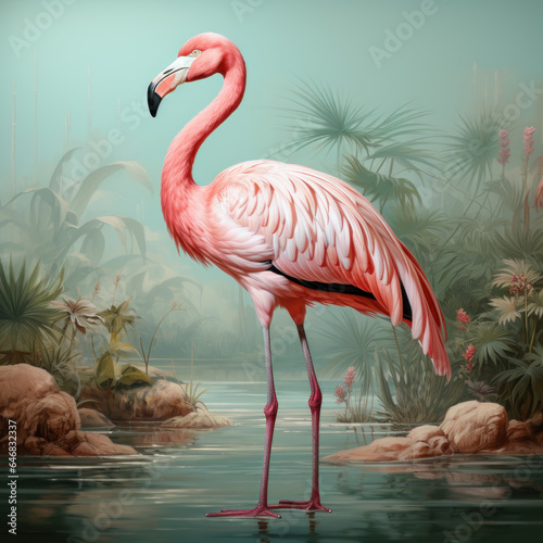 A flamingo with curious eyes is standing on one leg 