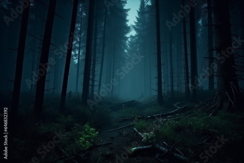 foggy and dark woods at night  mystery forest. Magical saturated foggy forest trees landscape. Generative AI