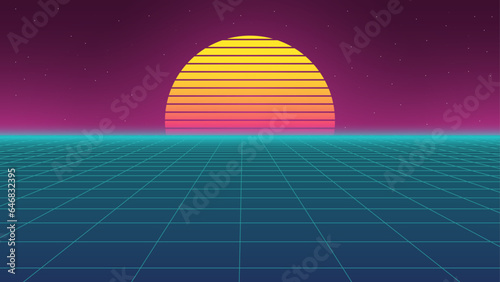  80s Retro Sci-Fi Background Futuristic Grid landscape. Digital cyber surface style of the 1980`s. Double infinite grid and lights forward. Synthwave wireframe net illustration. 80s, 90s cyber grid 