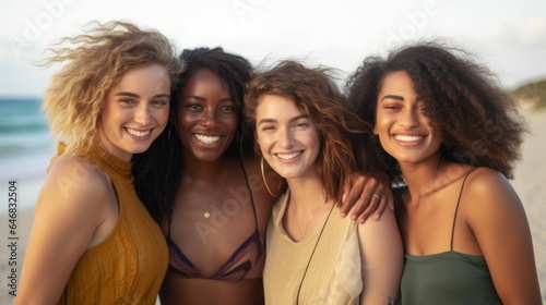 portrait shot of Young women friend casual cloth smiling on beach multiethnic female woman friend happiness cheerful on the sand beach ocean