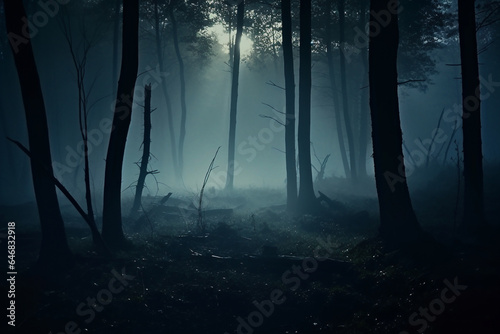 foggy and dark woods at night, mystery forest. Magical saturated foggy forest trees landscape. Generative AI