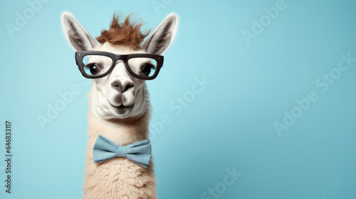 Llama wearing bow tie and glasses on blue background. Creative marketing campaign concept © ReneLa/Peopleimages - AI