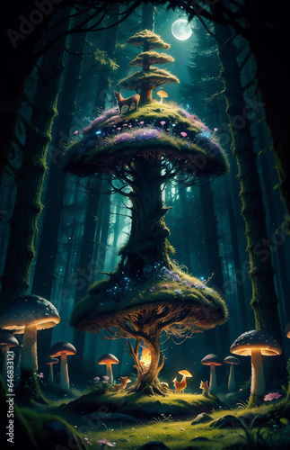 surreal mushroom landscape, fantasy wonderland landscape with mushrooms moon. Dreamy fantasy mushrooms in magical forest.