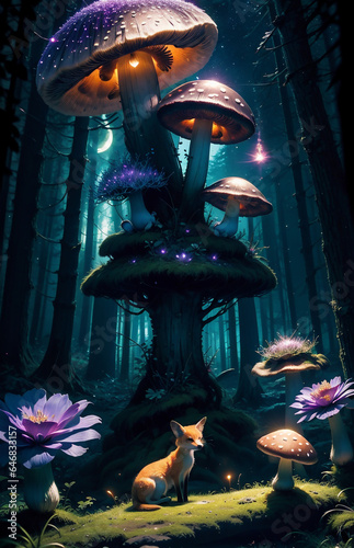 surreal mushroom landscape, fantasy wonderland landscape with mushrooms moon. Dreamy fantasy mushrooms in magical forest. photo