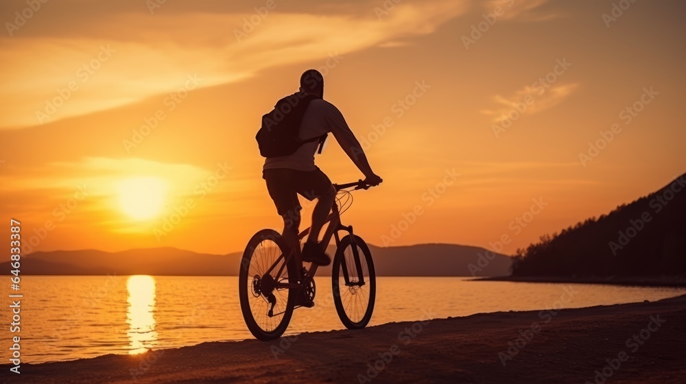 Fototapeta premium senior retired adult male enjoy exercise bike on nature beach recreation casual relax riding bicycle summertime vacation sunset sky background