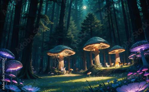 surreal mushroom landscape, fantasy wonderland landscape with mushrooms moon. Dreamy fantasy mushrooms in magical forest. © Frozen Design