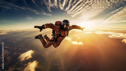 Tela A Parachutist in free fall at the sunset extream sport lifestyle with beautiful