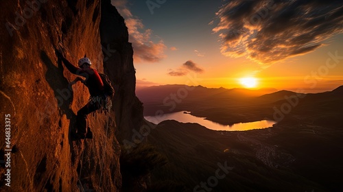 extream sport A person climbing a rock face at sunset young man climb cliff moutain extream sport activity risk lifestyle nature mountain and beautiful sunset sky background