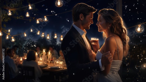 Romantic couple enjoying with dinner for celebrating in valentine's day or Happy new year.