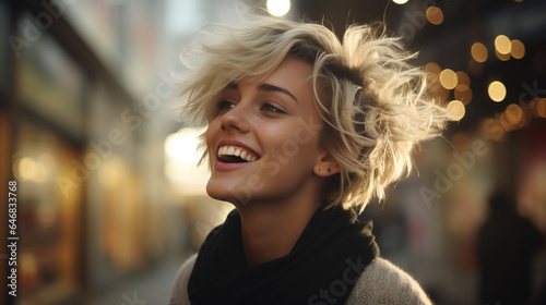 portrait of a smiling, short-haired blond woman on the street