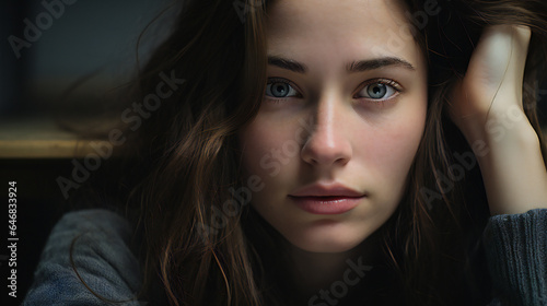 portrait of a serious thoughtful young woman looking at the camera hand in hair