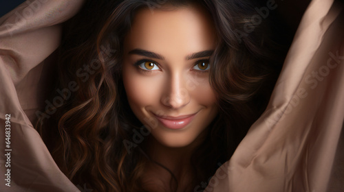 portrait of a smiling, attractive dark-haired woman wrapped in a duvet
