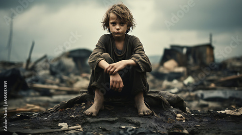 poor, homeless child dressed in torn rags sitting on the ground among garbage photo