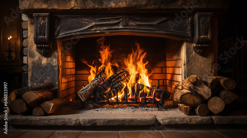 wood logs burning in a vintage fireplace