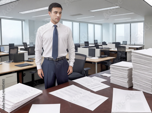A young adult businessman in his office looking on the stacks of the paper documents © ipolstock
