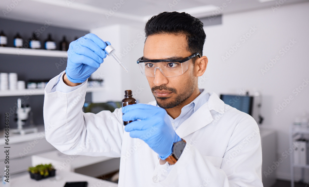 Scientist, man and bottle, pipette and chemical solution with medical research, investigation and goggles for safety. Chemistry, liquid and science in laboratory, future and biotechnology with study Scientist, man and bottle, pipette and chemical solution with medical research, investigation and goggles for safety. Chemistry, liquid and science in laboratory, future and biotechnology with study
