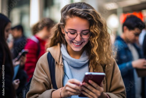 A candid shot captures a teenage girl laughing as she interacts with her smartphone. Her youthful energy shines through, embodying the Gen Z experience with technology.
