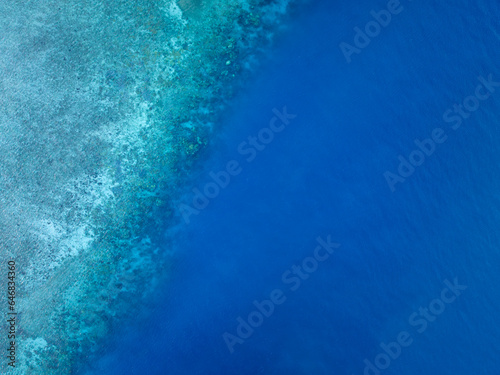 Aerial bird's eye view of the reef crest, edge or border between the open blue ocean and the protected, turquoise part of the reef. Hayman Island, Whitsunday Islands, Queensland, Australia. © Juergen Wallstabe