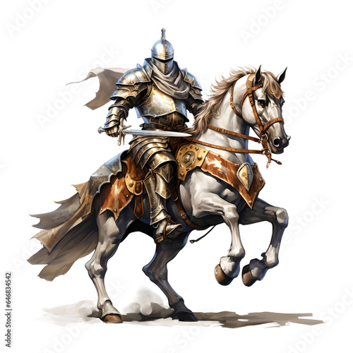 A knight riding a horse, wearing heavy armor, holding a sword