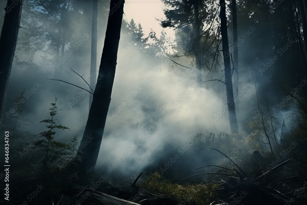 foggy and dark woods, mystery forest. Magical saturated foggy forest trees landscape. Generative AI