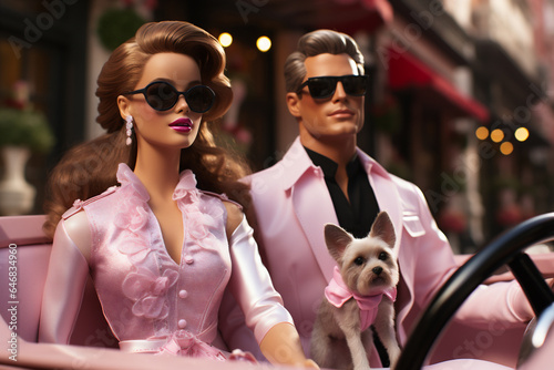 Trendy Plastic Dolls in the light pink car, meticulous design, Luxury dressed couple. AI Generative
