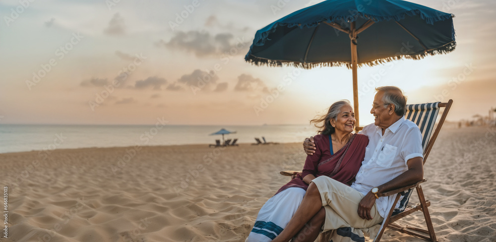Elderly Indian Couple Enjoying a Romantic Sunset on a Sandy Beach. Retirement Goals for Seniors.