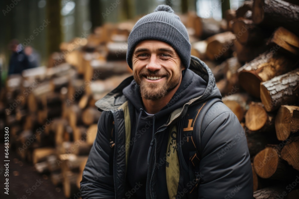Caucasian Male Forestry Worker Backdrop Scene Strong Generative AI
