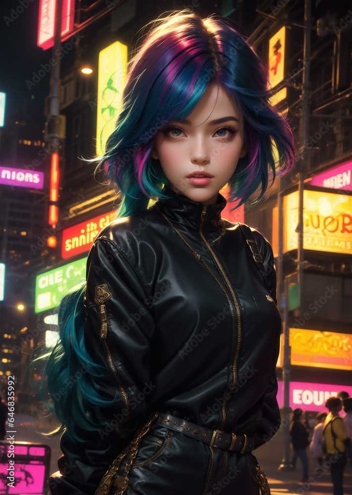 Fashionable brunette girl in cyber city. Girl wearing futuristic dress. Very Beautiful Female portraits.