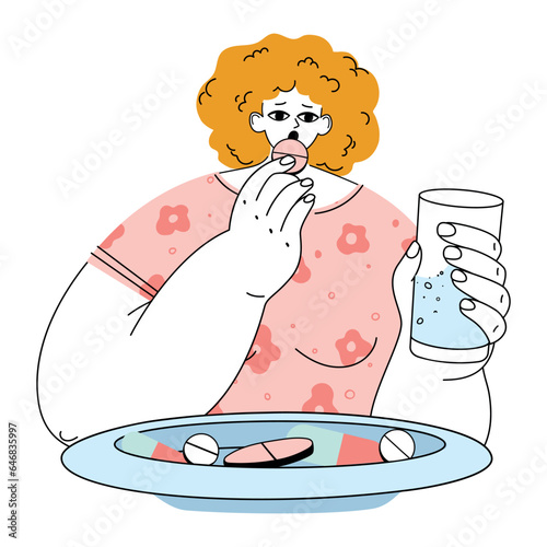 An overweight woman an eating a pill, in front of her is a plate with pills instead of food. Concept abuse of food additives, eating disorder,  trying to lose weight using pills