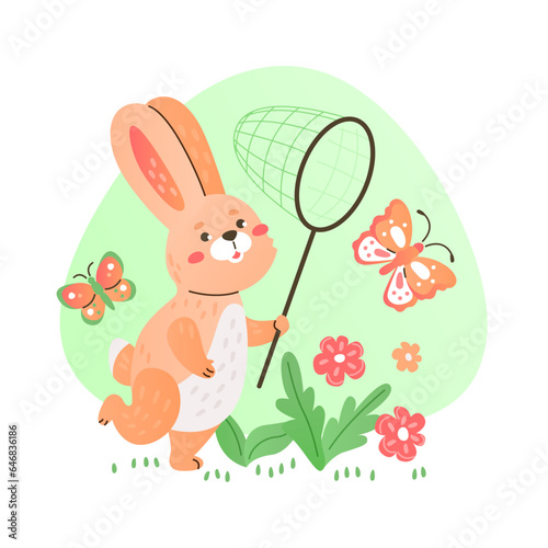 Funny rabbit with a net catches butterflies on the lawn.