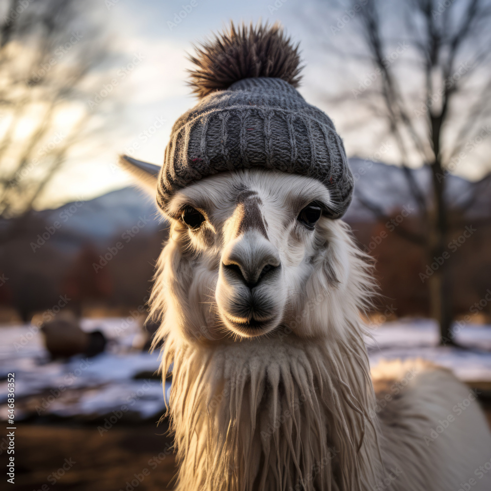 Llama in beanie on snow forest background. Creative marketing campaign concept Llama in beanie on snow forest background. Creative marketing campaign concept