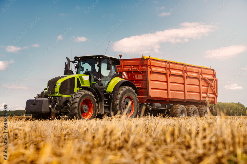 Fototapeta premium Agriculture field with heavy machinery ready to hrvest during harvesting season in the end of summer