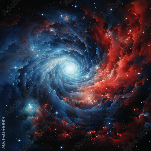 Stunning Detailed View of Blue and Red Spiral Galaxy with Star Formation. Made with generative ai © Farid