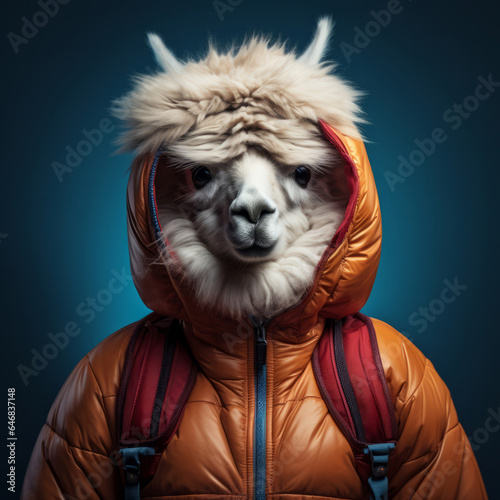 Llama in jacket and backpack and on dark background. Creative marketing campaign concept