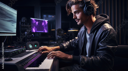 Portrait of Audio Engineer Working in Music Recording Studio, Uses Mixing Board Create Modern Sound. © MP Studio
