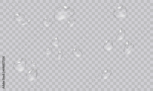 Vector water droplets. PNG droplets, condensation on glass, on various surfaces. Realistic droplets on a transparent isolated background. PNG.