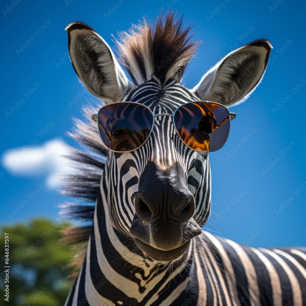 Naklejka premium Zebra in sunglasses on blue sky background. Creative marketing campaign concept