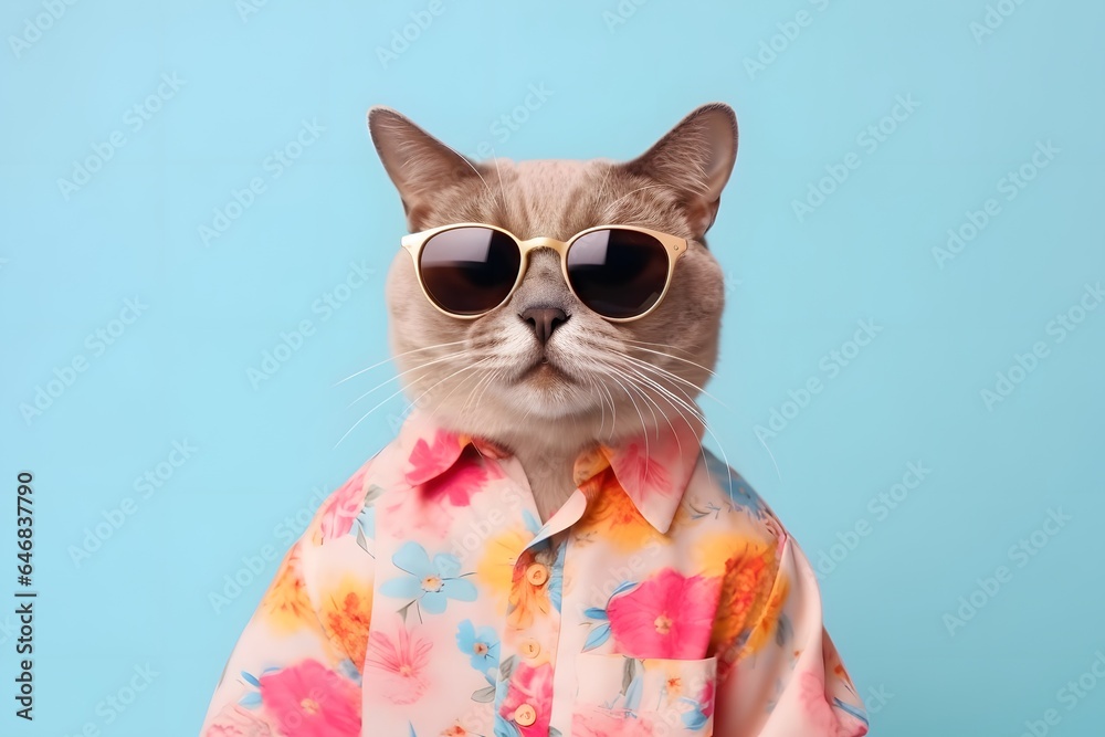 Cute cat wear sunglasses and shirt in summer background.