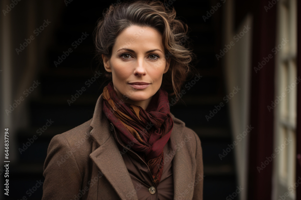 Portrait of stylish middle aged Caucasian woman in preppy aesthetic English style clothing jacket outdoors, adult woman with hairstyle looking at camera Portrait of stylish middle aged Caucasian woman in preppy aesthetic English style clothing jacket outdoors, adult woman with hairstyle looking at camera