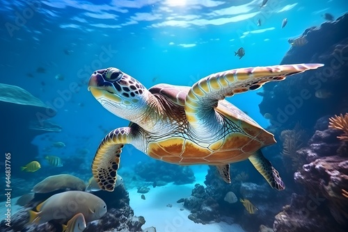 Sea turtle in blue water. Marine life underwater.
