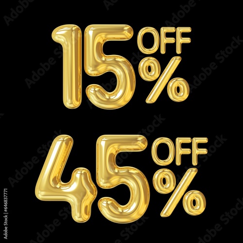 15% off and 45% off discount promotion sale made of realistic 3d gold helium balloons - Numbers isolated on black background - golden font letter