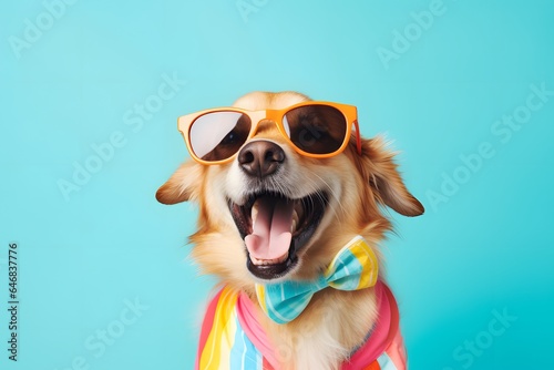 Cute dog wear sunglasses and shirt in summer background. © Pacharee