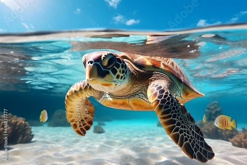 Sea turtle in blue water. Marine life underwater.