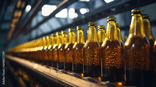 Conveyor belt with beer in glass bottles