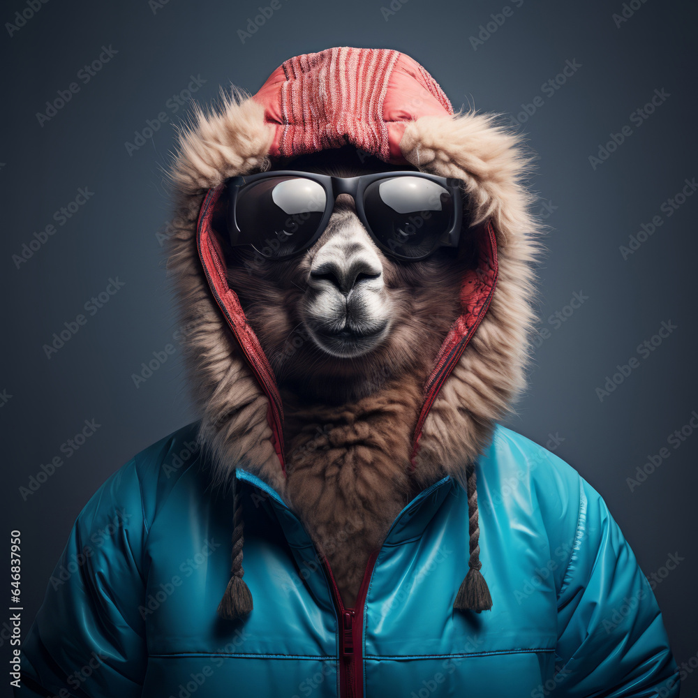 Llama in jacket and sunglasses on dark background. Creative marketing campaign concept