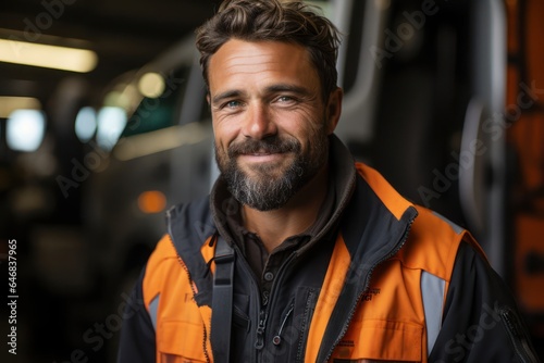 Caucasian Male Industrial Truck Operator Background Scene Smart Looking Generative AI