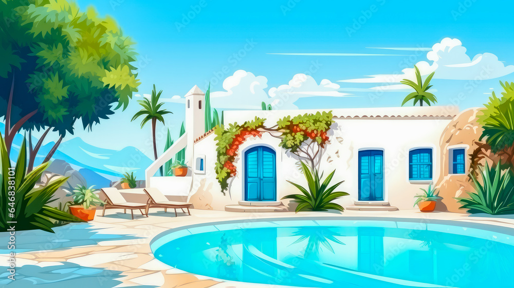 Mediterrane Villa mit Pool. Generiert mit KI