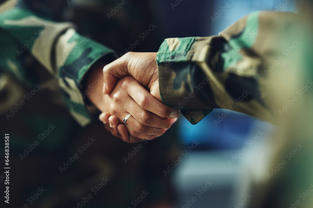 Military, army or handshake for partnership, teamwork or deal in war, agreement or unity together. People, soldiers or shaking hands for team fight, thank you or gratitude in solidarity for a mission